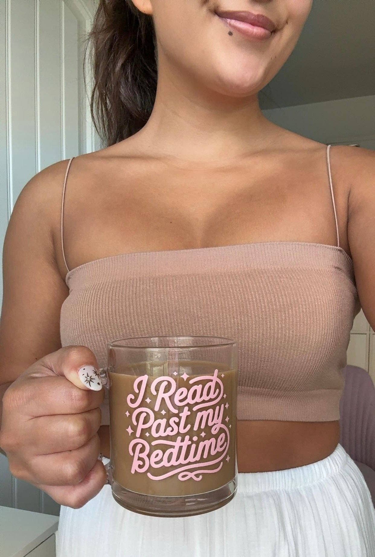 Read Past my Bedtime Bookish Glass Mug – Aesthetic Clear Mug for Coffee & Book Lovers