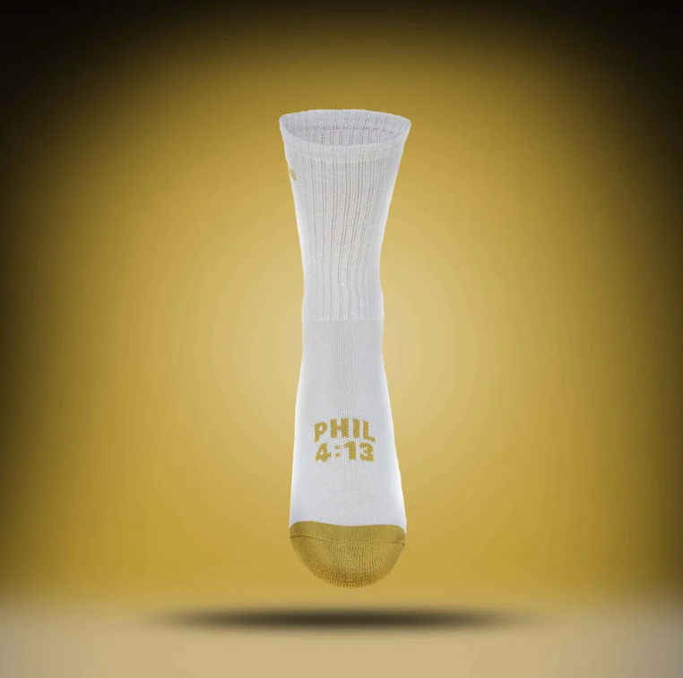 Phil 4:13 | White + Gold Crew | Pathos Socks