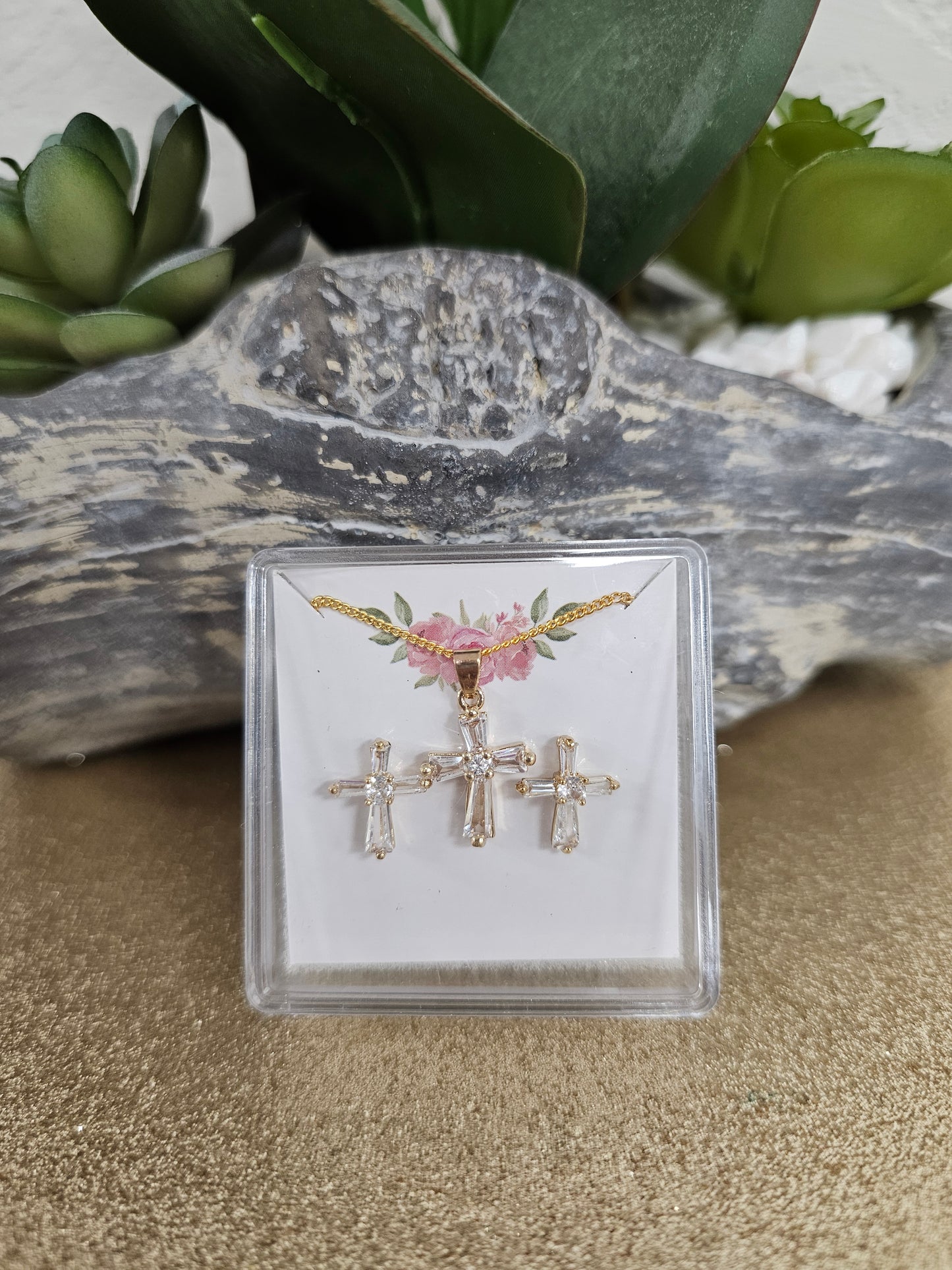 Gold Baguette Cross Set