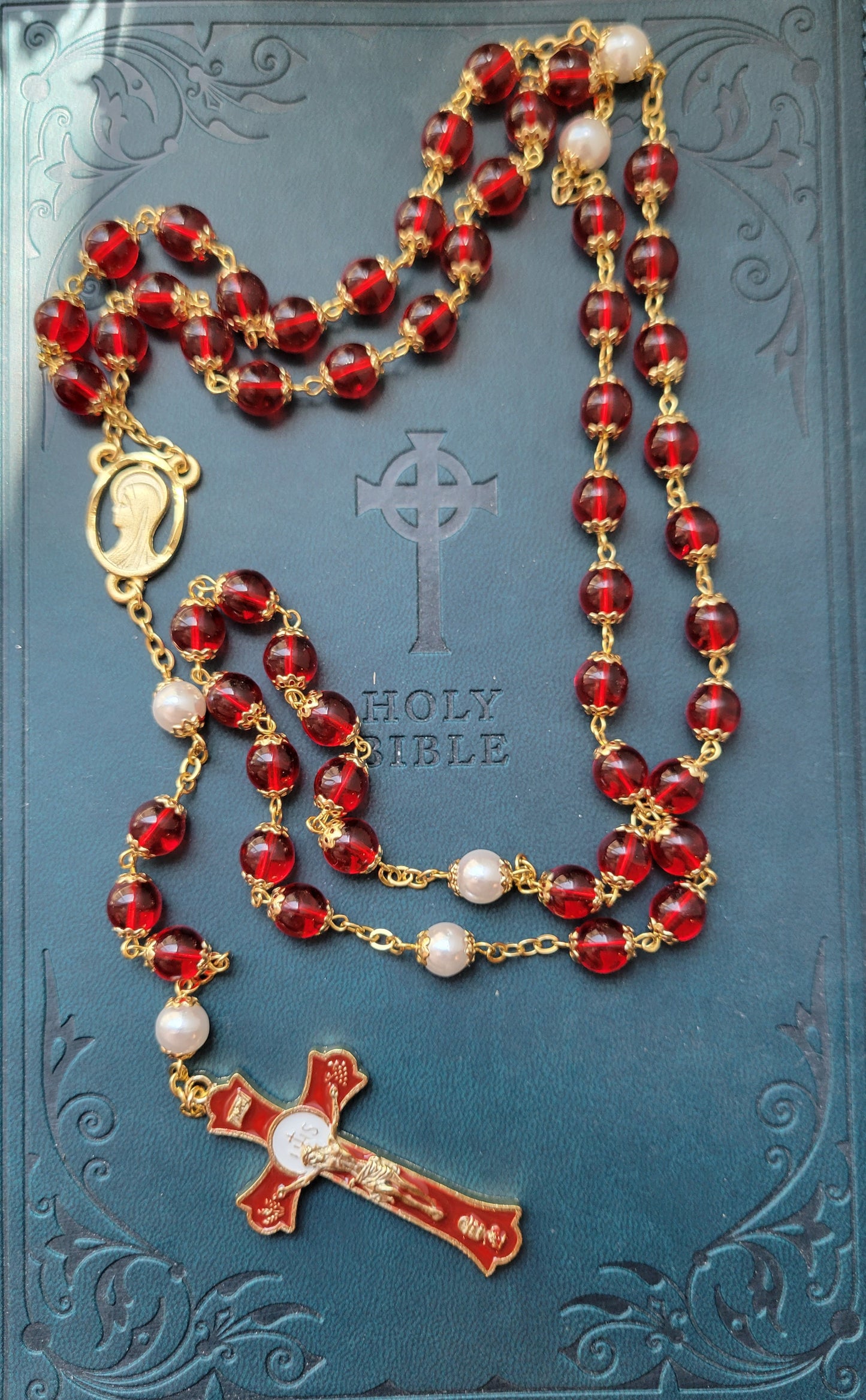 Red Pearl Capped Rosary